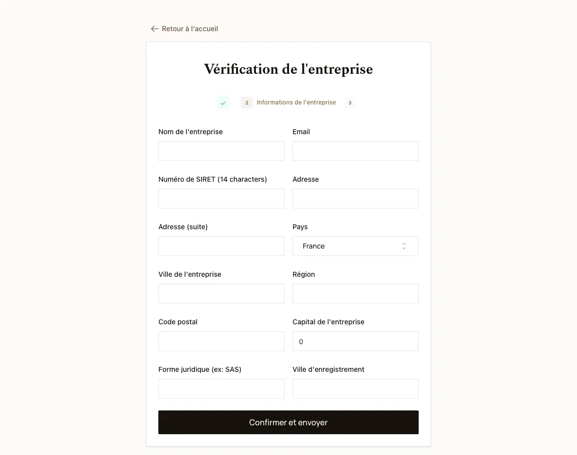 Capture d'écran de l'interface permettant la saisie des informations de l'entreprise.